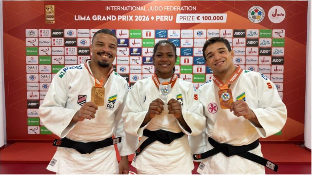 David Lima, Nauana Silva e Guilherme de Oliveira, medalhistas no segundo dia do Grand Prix de Lima..