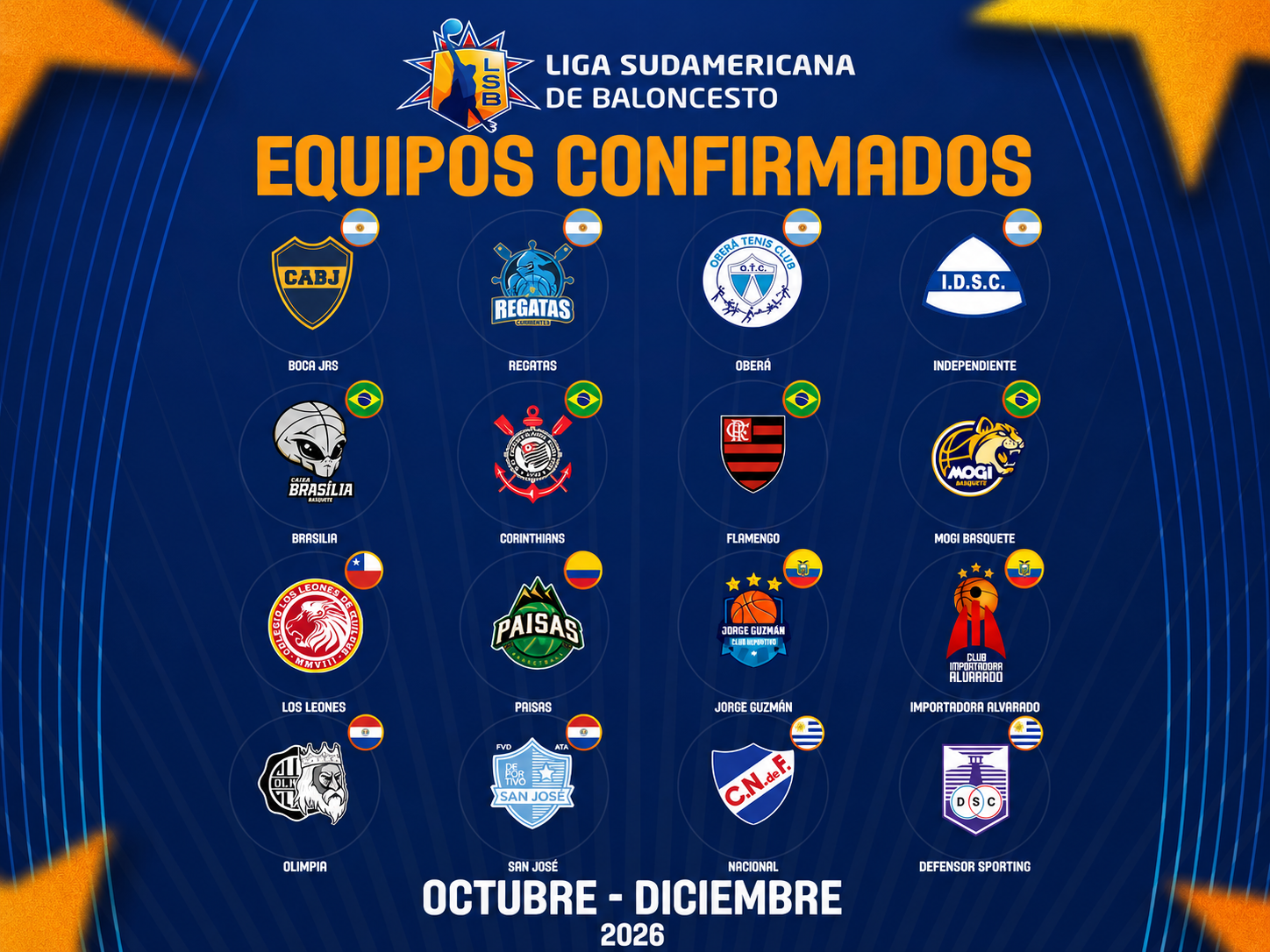 Liga Sul-Americana 2026 de basquete masculino terá 16 equipes; Brasil será representado por quatro clubes